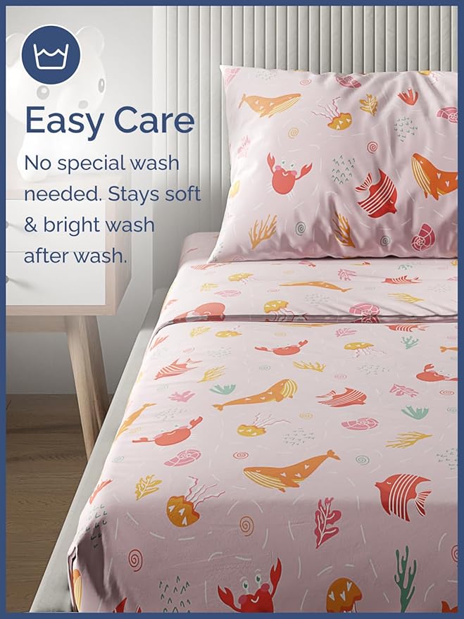 Kids Pink Fish Queen 4 Piece Sheet Set - Boys, Girls, Teens, Toddler - Easy Fit Deep Pockets - Breathable, Hotel Quality Kids Sheets - Machine Washable - Wrinkle Free - Cute, Cozy, Soft - CGK Linens