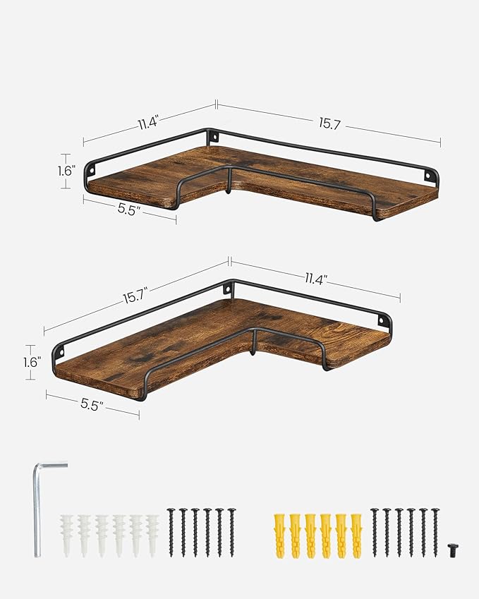 VASAGLE Corner Shelf Wall Mount Set of 2, Floating Shelves, Small Wall Shelf for Decor Storage, for Living Room Bedroom Kitchen Bathroom, Rustic Brown and Black ULLS831B01