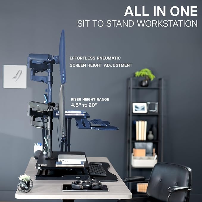 VIVO 42 inch Standing Desk Converter with Dual Monitor Mount for up to 32 inch Screens, Height Adjustable Riser with Mechanical Spring Arms, Black, DESK-KIT-042K2K