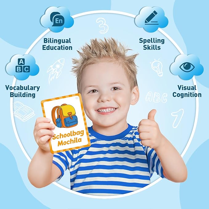 Bilingual Flash Cards: Spanish to English, First Words & Toddler Alphabet Flash Cards for Kids Learning Spanish & English