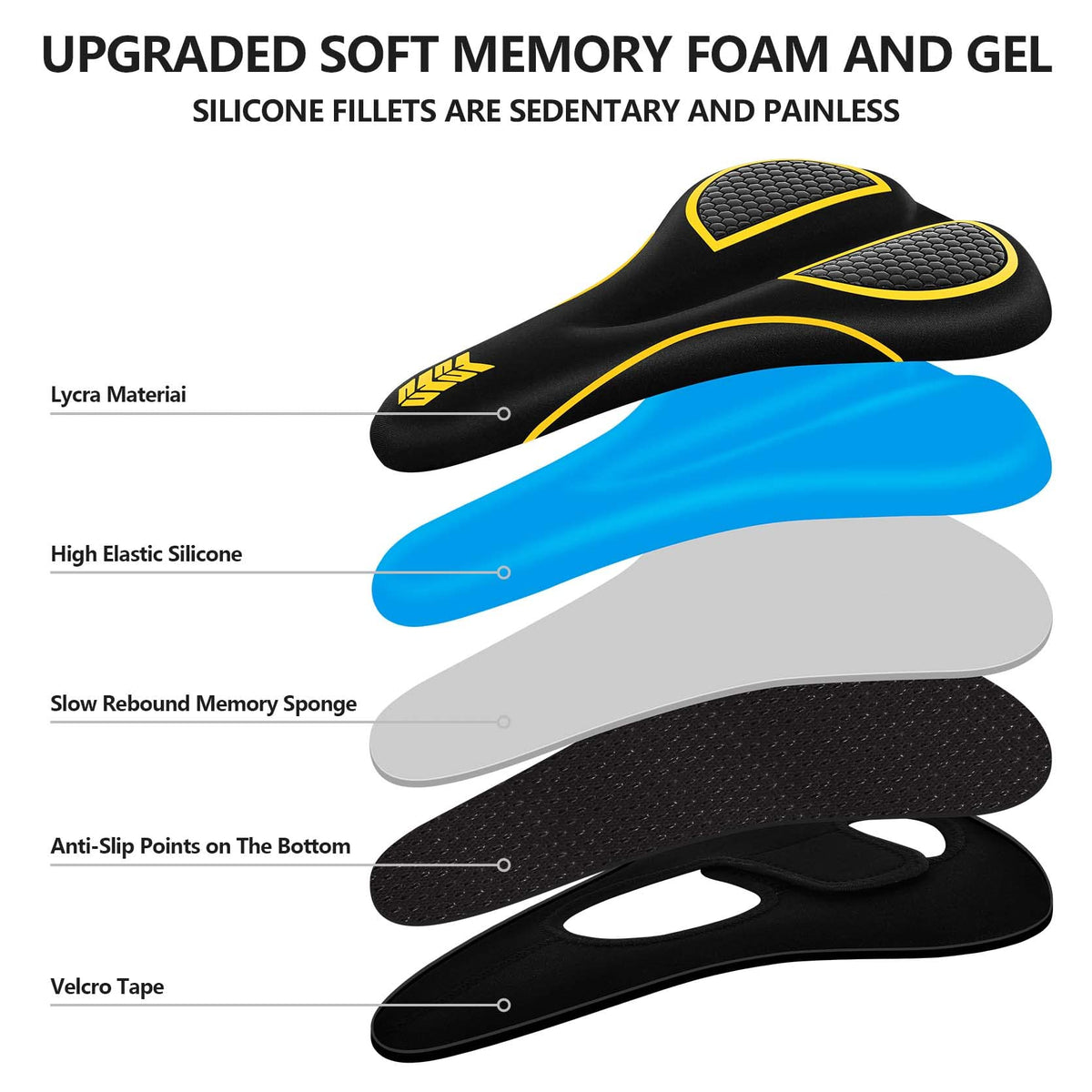 Bike Seat Cushion - Gel Padded Bike Seat Cover for Men Women Comfort, Extra Soft Exercise Bicycle Seat Compatible with Peloton, Outdoor & Indoor with Adjustable Velcro Secure Yellow