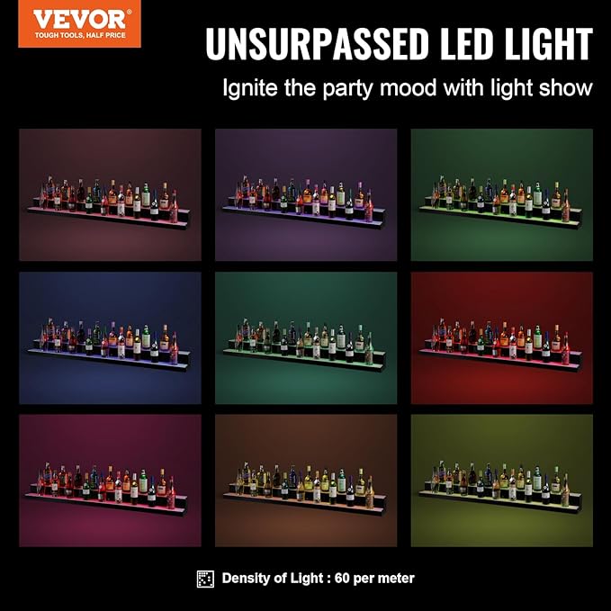 VEVOR LED Lighted Liquor Bottle Display, 2 Tiers 72 Inch Commercial Illuminated Home Bar Shelf, 2 Steps Whiskey Rack Stand, Acrylic Drink Shelves with RF Remote & App Control, and Multicolor Light