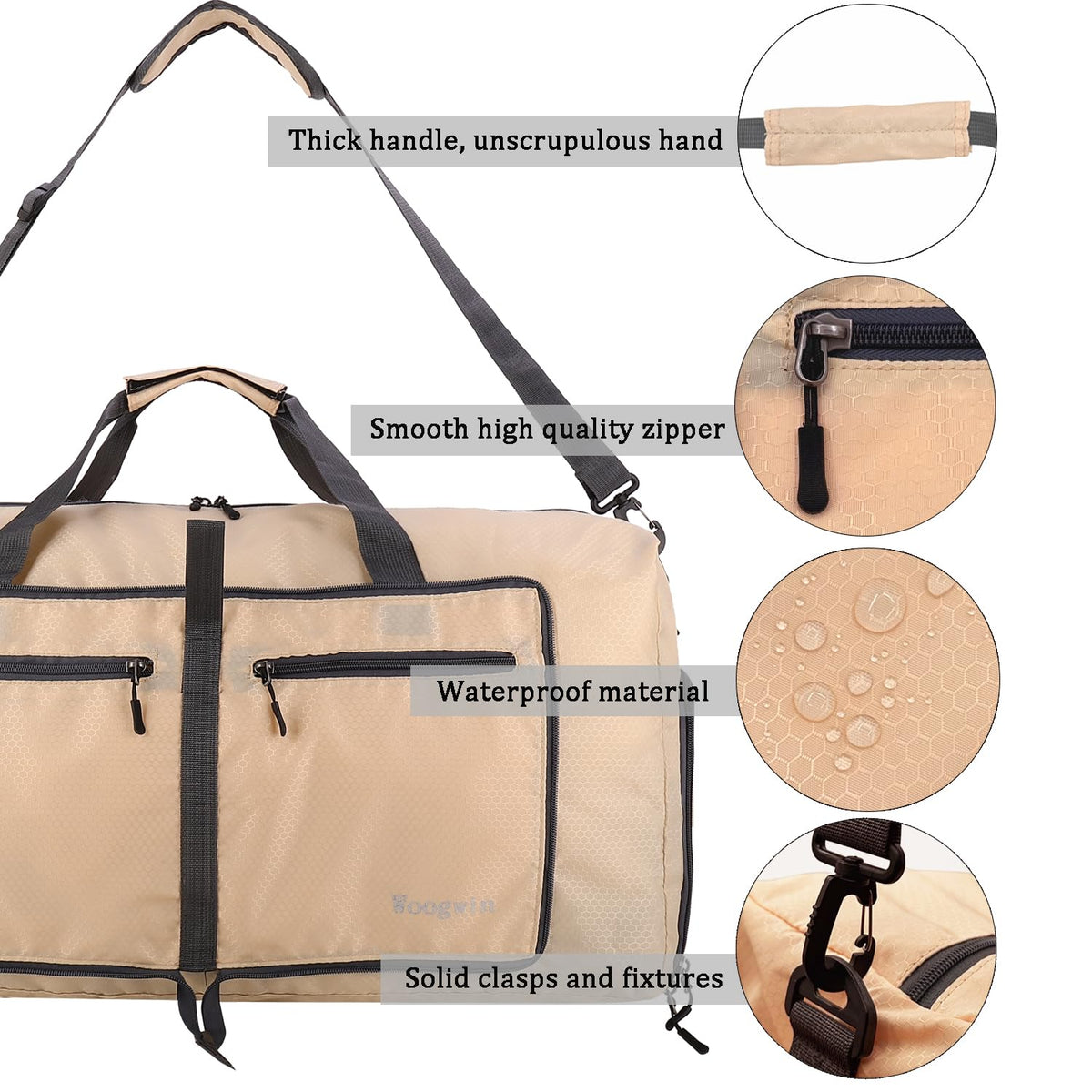 Woogwin Travel Duffel Bag Large Foldable Waterproof Overnight Bag for Beach Swim Bags Pool Sports Gym (60L Khaki)