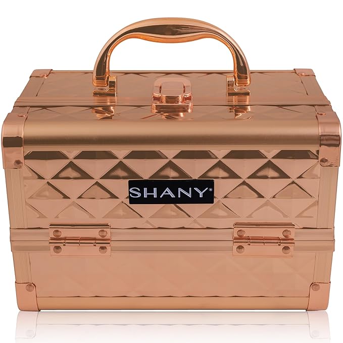 SHANY Chic Makeup Train Case Cosmetic Box Portable Makeup Case Cosmetics Beauty Organizer Jewelry storage with Locks, Multi trays Makeup Storage Box with Makeup Mirror - Rose Gold