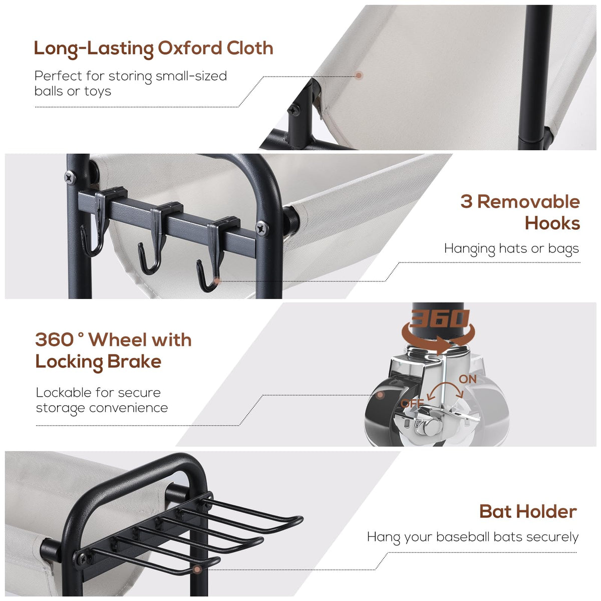 Holbrett Basketball Rack, Rolling Ball Storage Stand with Baseball Bat Holder Storage Cart and Movable Hooks 4-Layer Organizer Holder with Wheels for Volleyball Football Rugby Balls