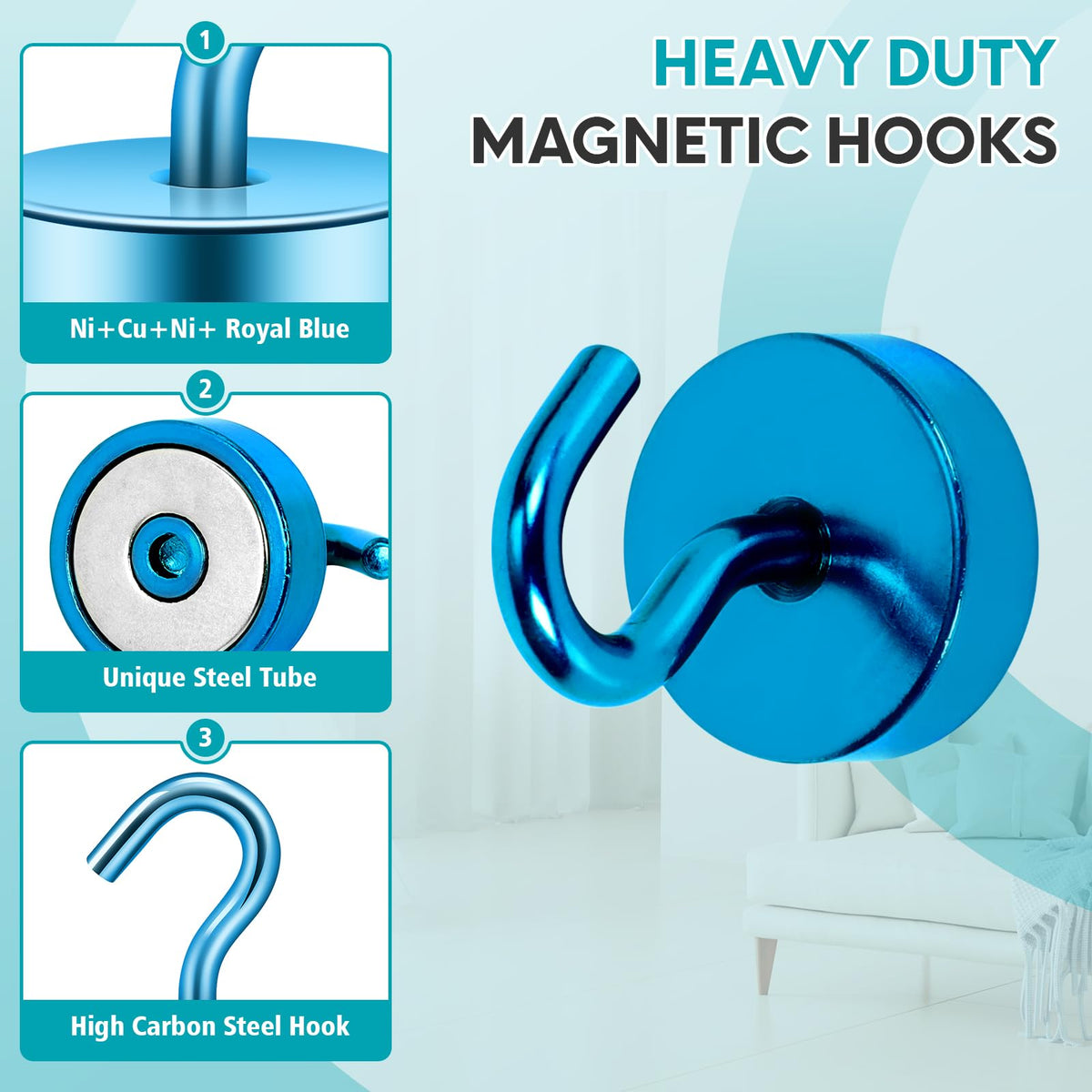 Neosmuk Magnetic Hooks, Cruise Ship Essentials, 40lb+ Heavy Duty Magnetic Hooks for Cruise Cabins, Refrigerator, Grill, Hanging, and Travel | Extra Strong Must-Haves Magnet Hook,RoyalBlue,Pack of 10