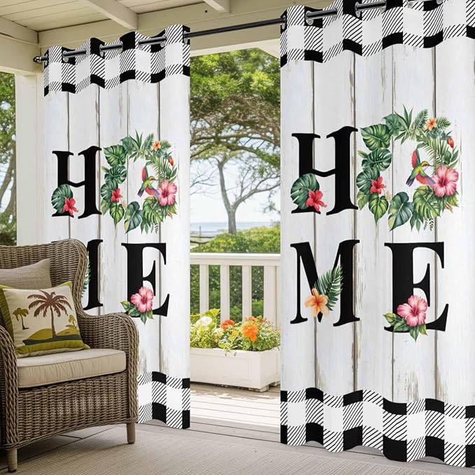Summer Outdoor Curtains for Patio Leaves Garland Plumeria Wood Buffalo Plaid