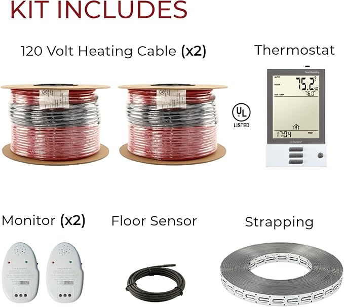 140sqft Floor Heating Cable Kit - 120v Vinyl Flooring Heating System - Heated Flooring System Includes UDG Programmable Thermostat w/GFCI, In Floor Heat Cable, Strapping, Sensor & Alarm