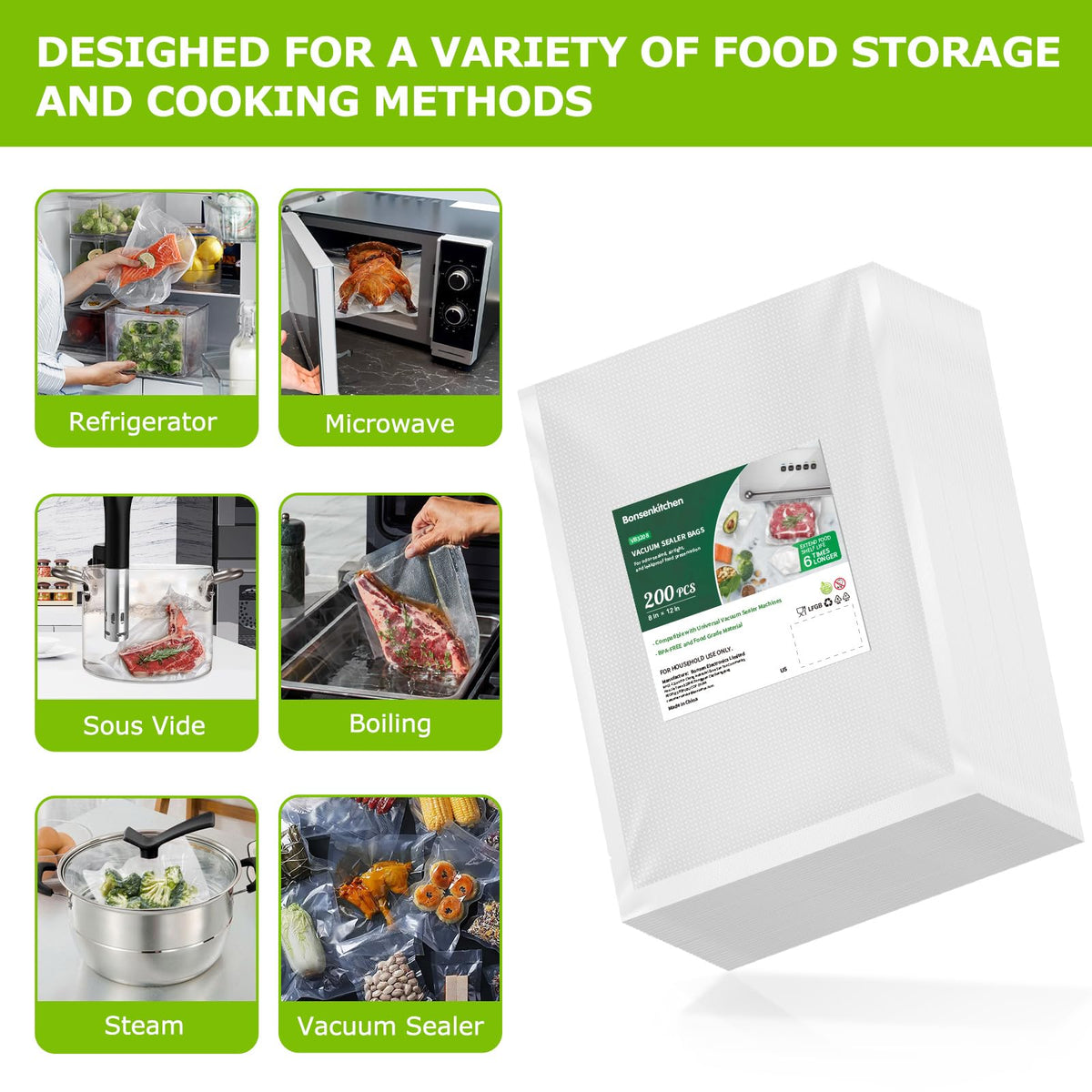 Bonsenkitchen Precut Vacuum Sealer Bags 200 Quart 8" x 12", BPA Free