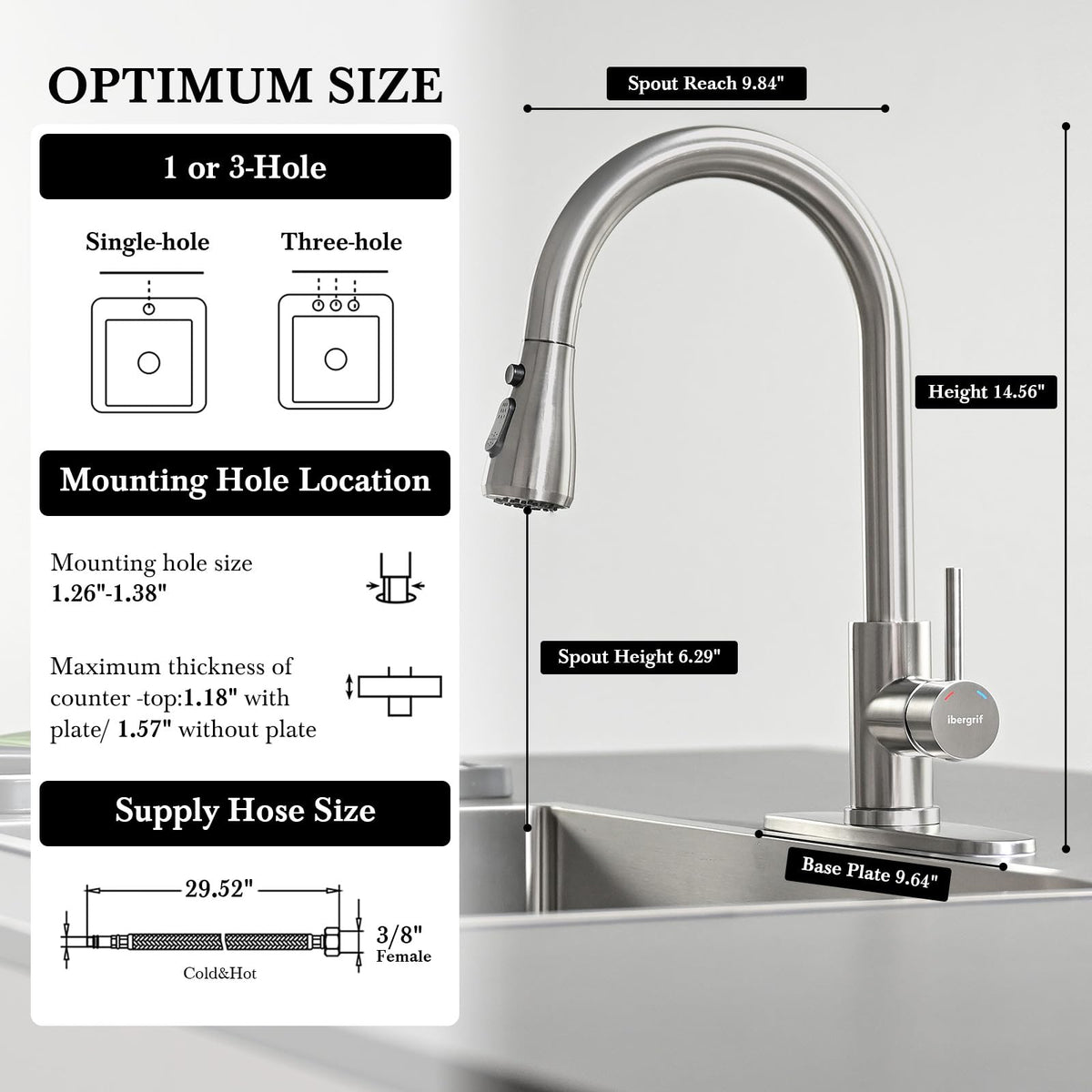 Ibergrif Kitchen Faucets with Pull Down Sprayer, Single Handle High Arc Brushed Nickel Stainless Steel 1 or 3 Hole Kitchen Sink Faucet with Deck for RV Laundry Farmhouse Bar