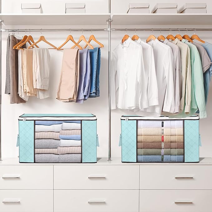 Budding Joy 90 L Large Storage Bags, 6 Pack Clothes Storage Bins Foldable Closet Organizer Storage Containers Storage and Organization for Clothes, Blanket, Comforters, Bed Sheets, Pillows (Blue)