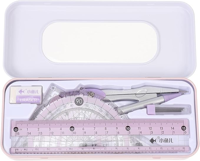 LUOZZY Student Math Geometry Tool Set Students Ruler Compass and Protractor Kit Office Stationery for Drawing School Supplies (Pink)