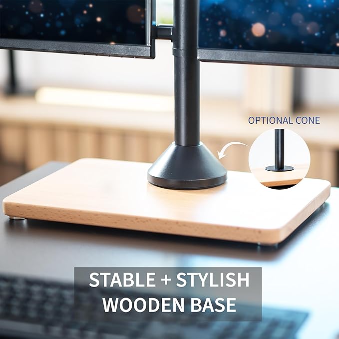 VIVO Freestanding Dual Monitor Stand with Solid Wood Base and Adjustable Arms, Mounts 2 Screens up to 32 inch and 22 lbs Each, Black, STAND-V002FD-B