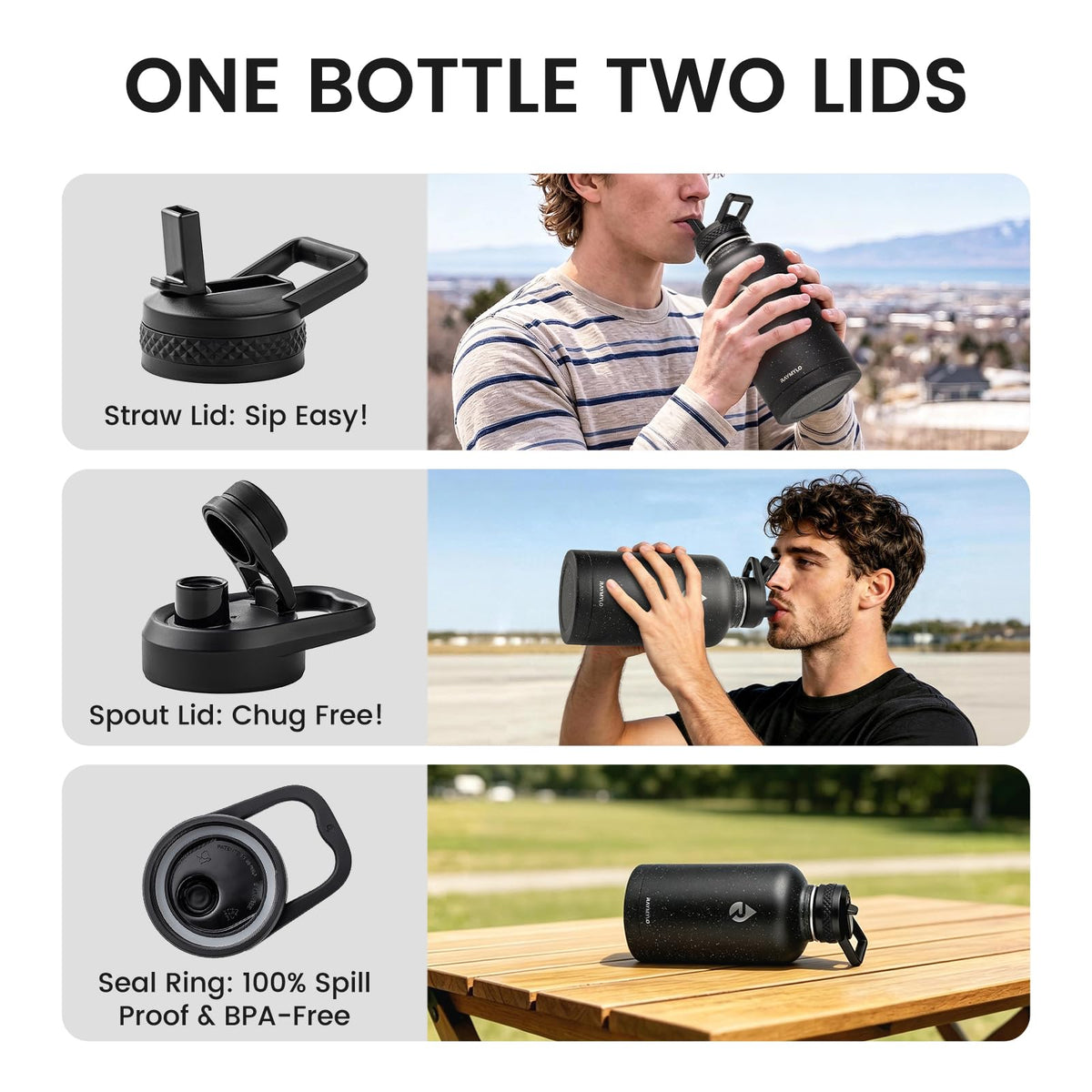 RAYMYLO Insulated Water Bottle 64 oz, Triple Wall Vacuum Stainless Steel (Cold for 48 Hrs), Leak Proof & Non-BPA, Half Gallon Water Flask Jug with Paracord Handle & Straw Spout Lids
