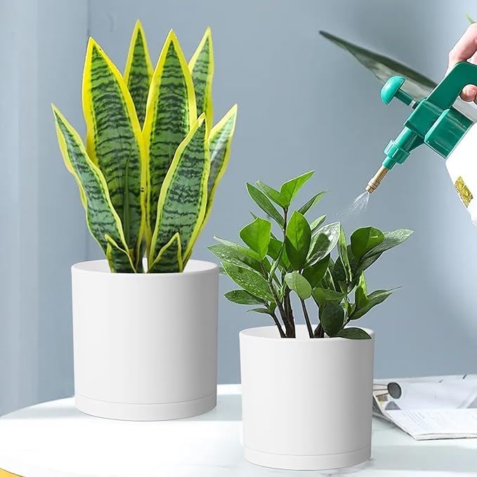 12/10/8 inch Large Plant Pots, 3 Pack Deep Cylinder Flower Pots for Outdoor Indoor Plants, Tall Plastic Planters with Drainage Holes and Saucers for Garden House Plants, White