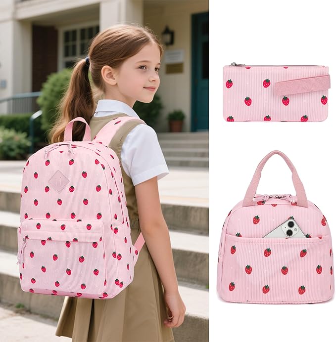 Corduroy Girls Backpack Set, 3PCS School Backpacks for Kids Elementary Middle School Bags with Lunch Box Pencil Case (Pink Corduroy Strawberry)