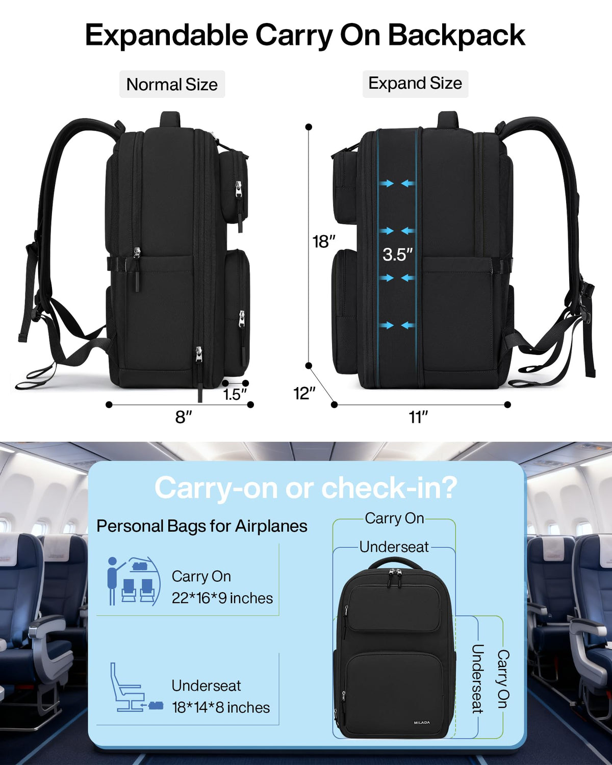 MILADA Travel Backpack for Women&Men,Expandable 28L to 39L,Fits 17" Laptop