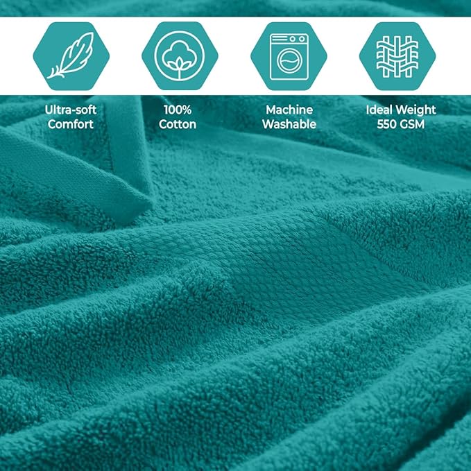 Pack of 8 Towels Set, 2 Large Bath Towels, 2 Hand Towels, 4 Wash Cloths, 100% Cotton, Lighter Weight, Quicker to Dry, Super Absorbent, Perfect for Bathroom (Teal)