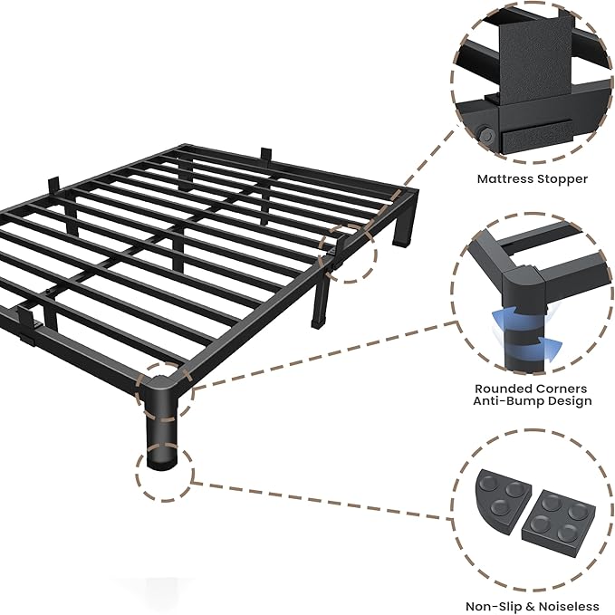 ROIL 10 Inch King Bed Frame with Rounded Corner Low Profile Metal Platform 3500LBS Heavy Duty Steel Slats No Box Spring Needed Noise-Free Easy Assembly