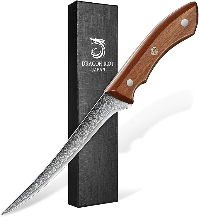 DRAGON RIOT 6 Inch Damascus Boning Knife, VG10 Steel, Ergonomic Wood Handle