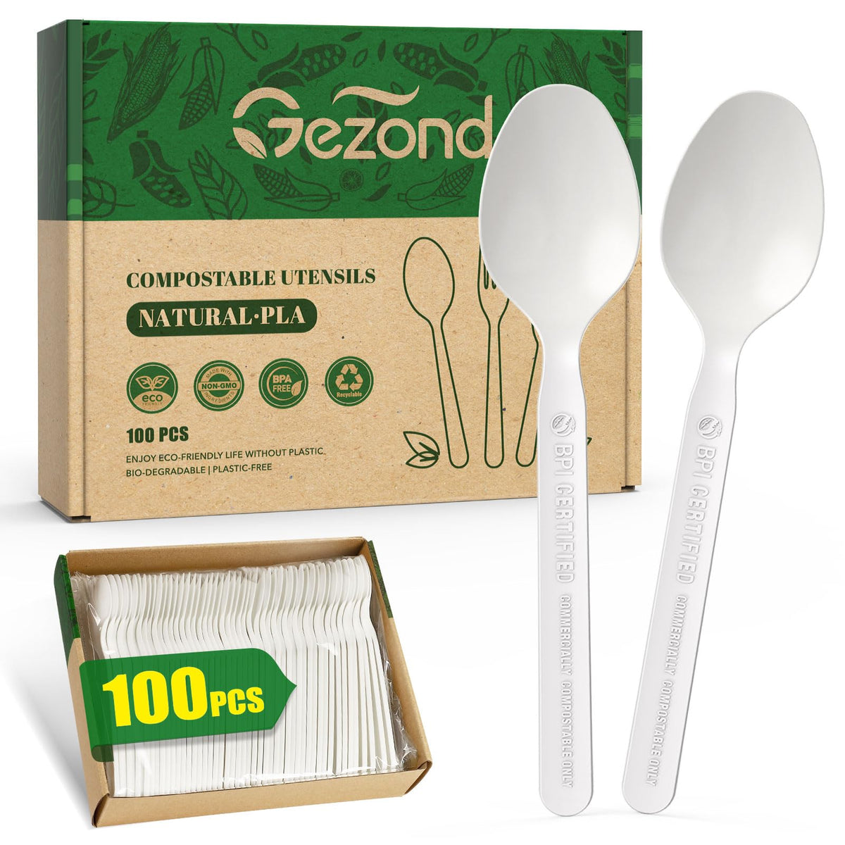 Gezond 150 Count 100% Compostable Cutlery Set, Forks Spoons Knives PLA Disposable Cutlery Set, No Plastic Biodegradable Eco-Friendly Utensils Suitable for Party Picnic Office Everyday Use