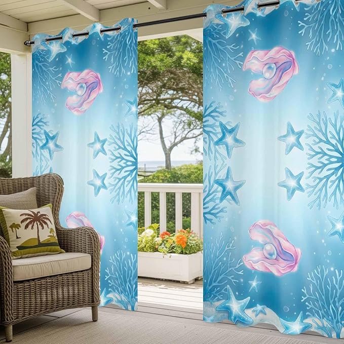 Ocean Shell Outdoor Curtains for Patio Corals Starfish Summer Marine Waterproof