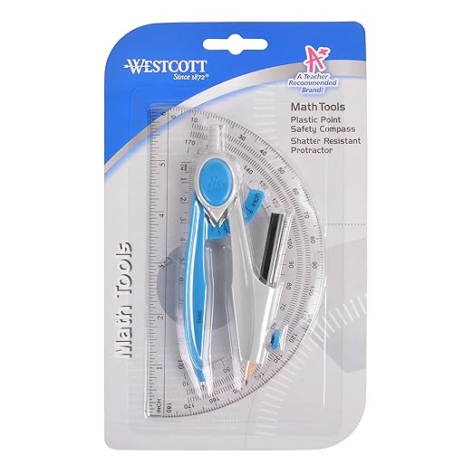 Westcott Compass and Protractor Math and Geometry Set, Essential School Supplies, Plastic Compass for Circles Up to 13-Inches, Back to School, Classroom, School Supplies, 6-Inch Protractor, Assorted Colors