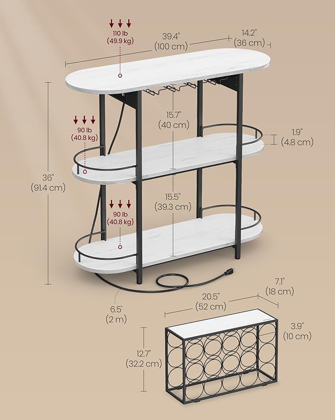 VASAGLE Bar Cabinet with LED Lights and Power Outlets, Freestanding Coffee Bar Wine Cabinet, Wine Rack, Glass Holder, Mini Bar for Liquor and Glasses, Kitchen, Dining Room, Rustic White ULWR007W01S