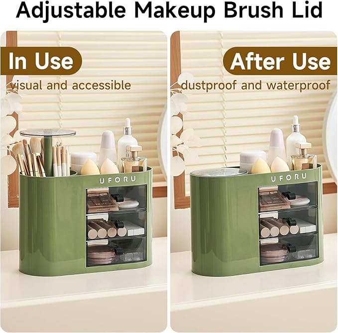 Makeup Organizer with Pop-Up Brush Holder for Dresser Vanity, Plastic Bathroom Counter Organizer with 3 Drawers & Dust-Proof Cover, Cosmetic Display Case for Lipstick, Skincare, Vintage Green