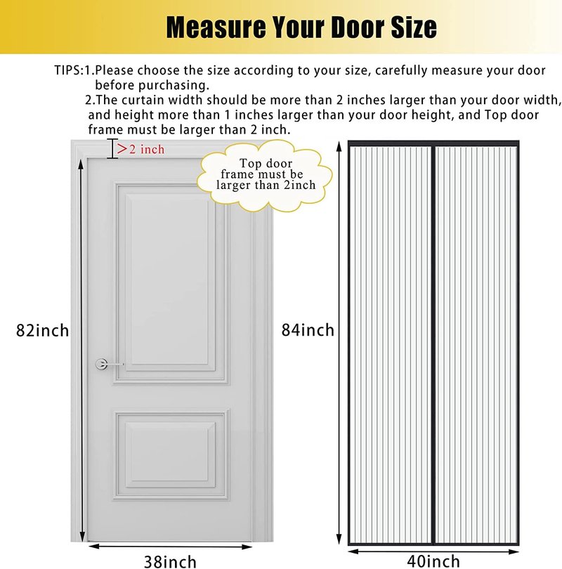 Magnetic Screen Door - Fit 38x82inch, Size 40x84inch, Keeps Bugs & Mosquito Out - Magnet for Interior/Outdoor Doors, Black