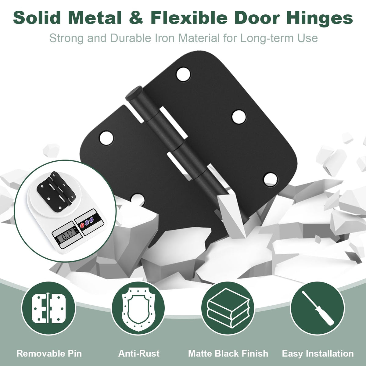 Estmoon 42 Pack Matte Black Door Hinges 3.5 x 3.5 Inch, 5/8" Radius Rounded Interior Hinges for Standard Doors, 6 Holes