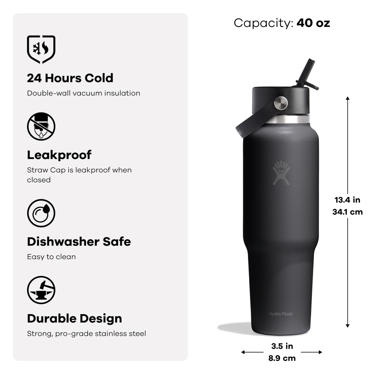 Hydro Flask Travel Water Bottle - Insulated Stainless Steel - Wide Straw Lid, Non Spill, Leakproof in 40 Oz Cloud Pink