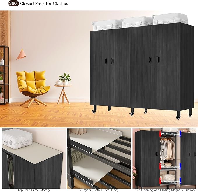Foldable Portable Armoire Wardrobe Closet for Hanging Clothes Rack, Heavy Duty Covered Clothes Rack with Cover(HARDBOARD Magnetic), Closet Garment Rack for Bedroom Storage (KT Black, 59.05in)
