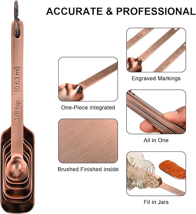 Nstezrne Copper Measuring Cups and Spoons Set, Stainless Steel Measuring Cups and Spoons Set 12, Metal Measuring Cups Set, 5 Measuring Cup Set and 6 Copper Measuring Spoons &Leveler for Kitchen