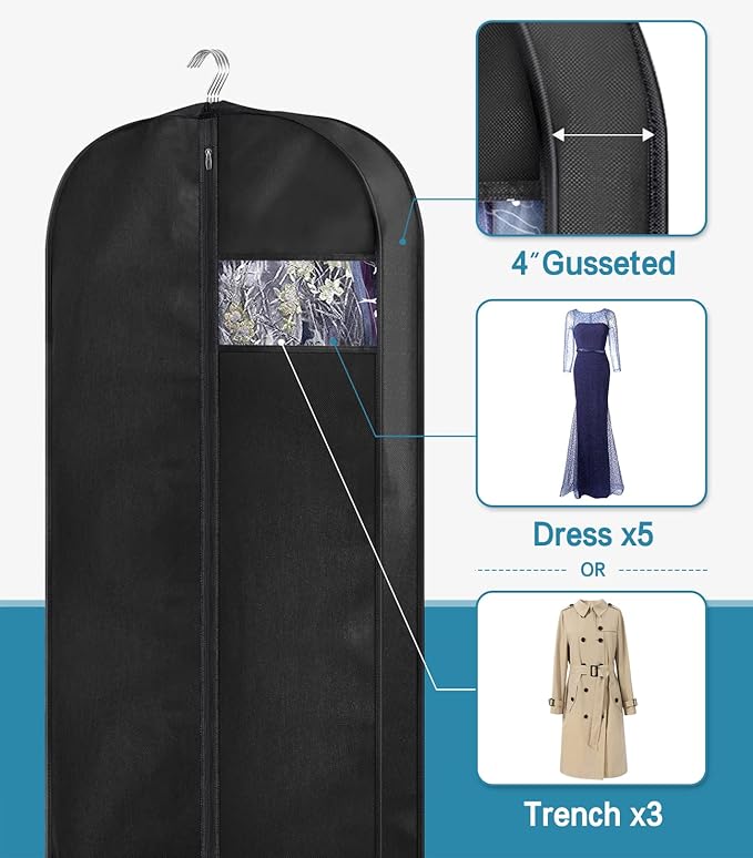 KIMBORA 60" Dress Garment Bags for Hanging Clothes Travel, Gusseted Garment Bags for Closet Storage with Handles for Long Gowns, Coats（3 Packs）