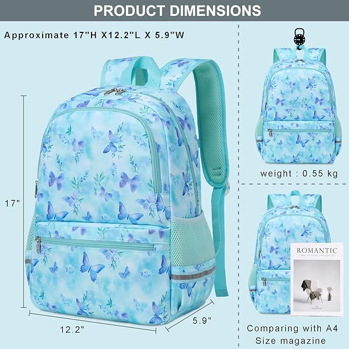 DSIUE Kids Backpack for Girls Elementary BookBags Teens Middle School Backpack with Lunch Box (Butterfly Green)