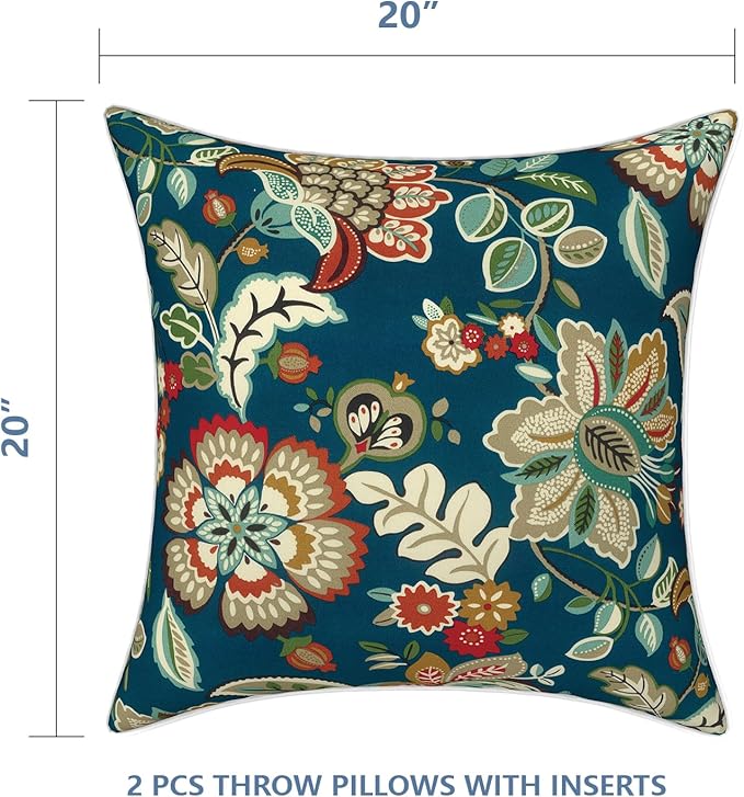 LVTXIII Outdoor/Indoor Throw Pillows, Decorative Patio Accent Pillows, Fluffy Water Repellent Garden Cushions for Home Patio Coach Sofa Use, 20×20 Inch, Pack of 2, Peacock Blue