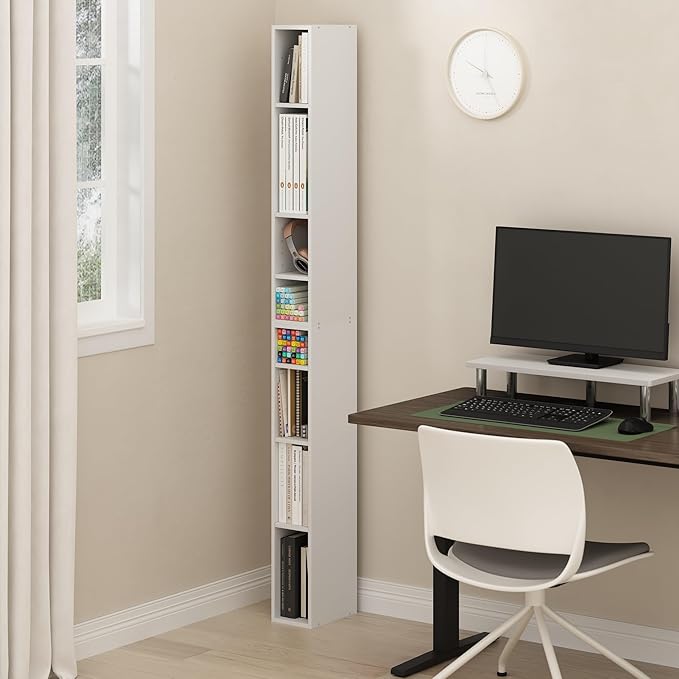 Furinno Fulda Book Shelf, 8-Tier Bookshelf, Bookcase with Space Saving Storage Shelf, 9.2 x 5.9 x 70.9, for Living Room, Bedroom, Home Office, for Living Room, Bedroom, Home Office, White