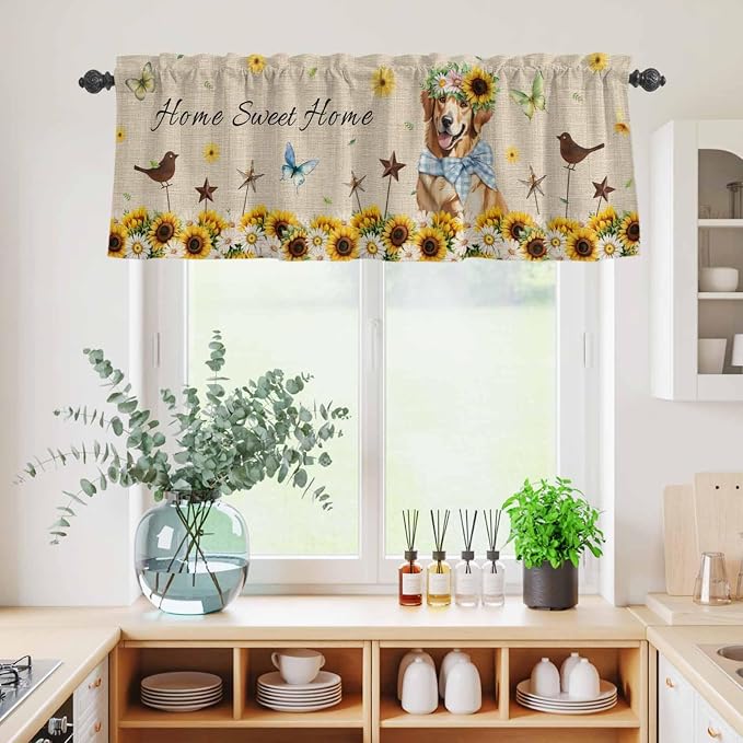Kitchen Curtains Tiers and Valance Set of 3, Sunflowers Dog Light Filtering