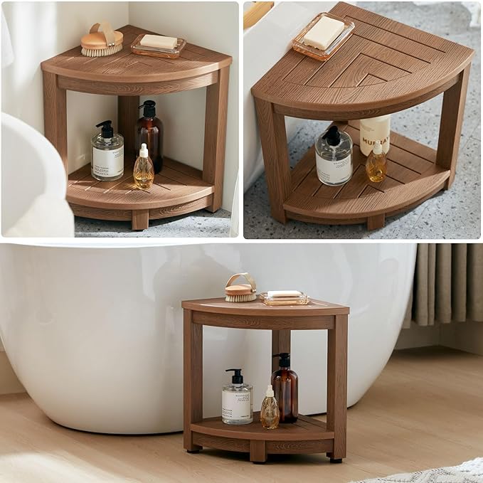 Corner Shower Stool for Shaving Leg, Waterproof Bathroom Shower Bench Seat for Inside Shower, Poly Lumber Plastic Shower Chair Seat, Shower Foot Rest with Adjustable Feet, Non-Slip, Brown