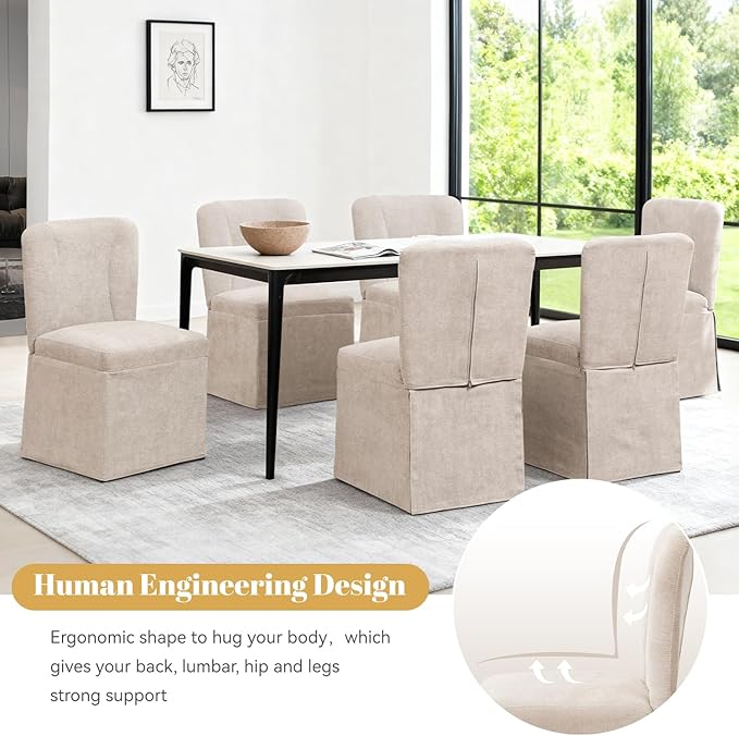 Upholstered Dining Chairs Set of 6, Kitchen Table Chairs, Modern Dining Room Chairs with Metal Frame & Linen Fabric, Beige