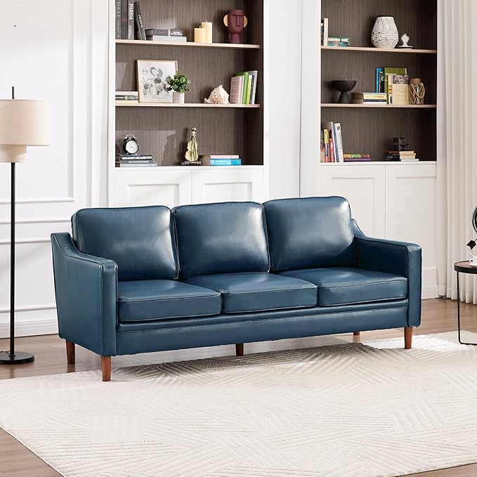 Kingfun 80" Faux Leather Sofa, 3 Seater Couch, Mid Century Modern Couch with Solid Wood Frame for Living Room & Bedroom, Blue