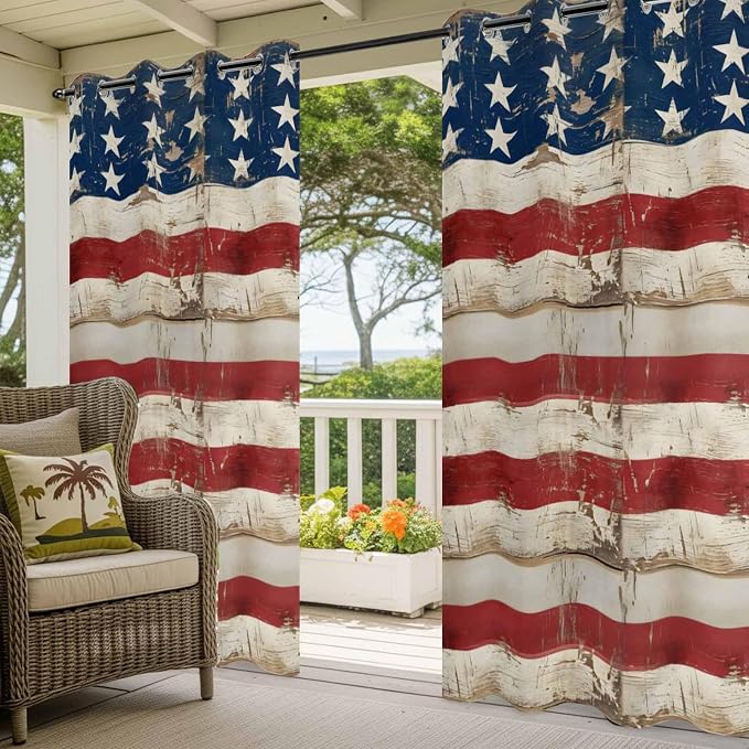 4th of July Outdoor Curtains for Patio USA Flag Independence Day Vintage