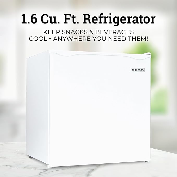 Igloo 1.6 Cu.Ft. Compact Refrigerator - Adjustable Thermostat, Glass Shelves, Includes Scraper, Ice Cube Freezer Drip Tray - White