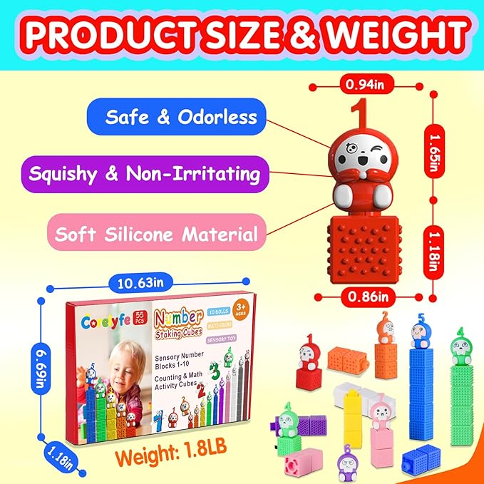 Number Learning Sensory Stacking Cubes: 65PCS Soft Number Counting Blocks for Toddlers Ages 3-6 - STEM Math Learning Toys with 1-10 Figurines, Preschool Sensory Activities for Kids Boys & Girls