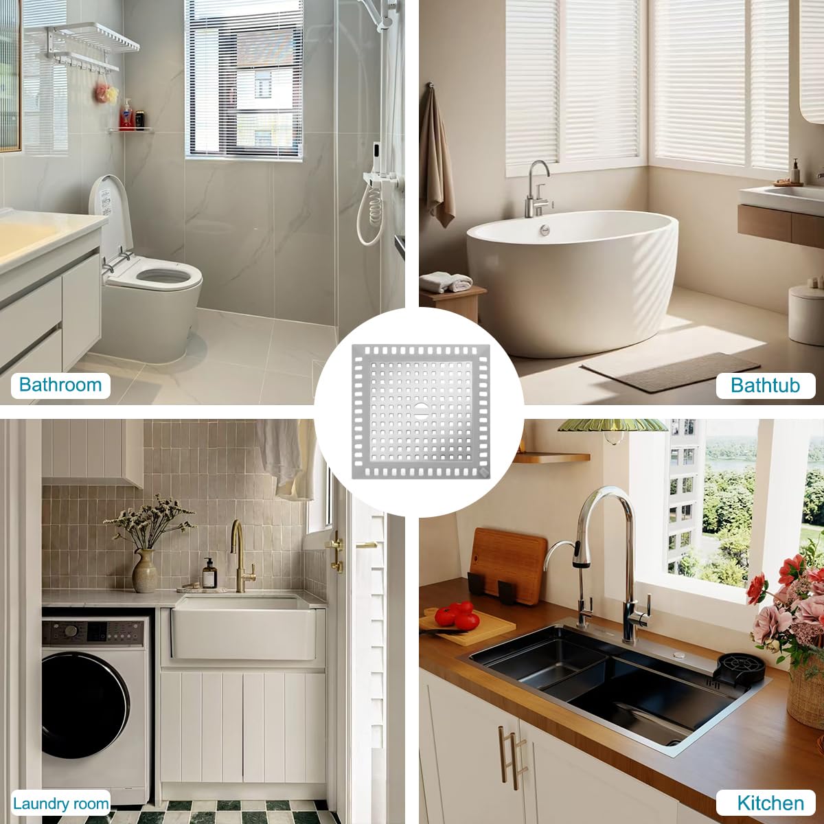 Folklyzo Drain Hair Catcher, 2pcs Square Shower Drain Cover for Bathroom, Drain Strainer, Stainless Steel and Silicone (Square)