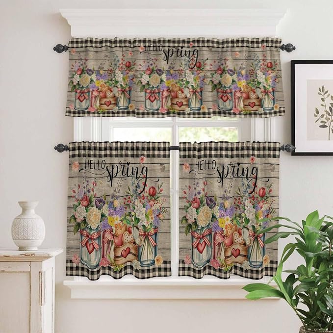 Kitchen Curtains Tiers and Valance Set of 3, Spring Flowers Light Filtering