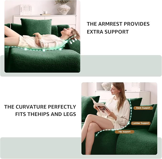 Green 4-Seater Cloud Couch, Modern Teddy Fabric Boneless Sectional Sofa in a Box for Living Room, Modular Floor Couch, Comfortable Deep Seat, No Assembly Required, Sofas para Sala