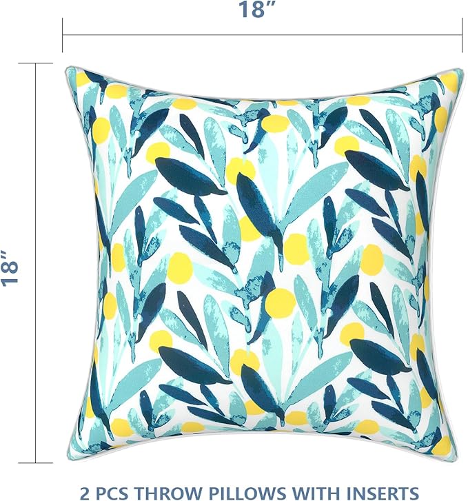 LVTXIII Outdoor Throw Pillows 18x18 Patio Waterproof Square Pillows with Piping Fade Resistant Accent Pillow for Spring Summer Garden Decoration, Set of 2, Leaves Multi
