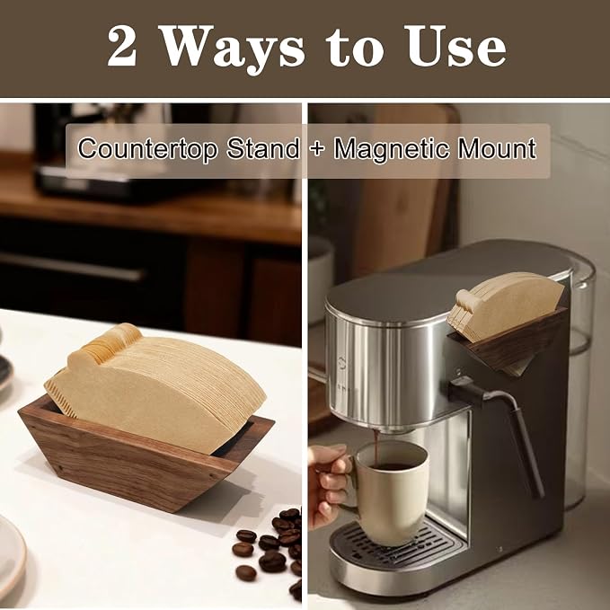 Coffee Filter Holder Magnetic, Solid Walnut Wood Coffee Filter Storage Organizer